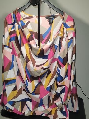 Ashley Stewart Multi-Color Geometric Drape Neck Blouse